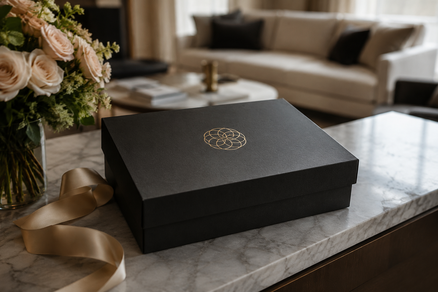Stack of custom-printed champagne gold gift boxes with ribbon on a marble surface
